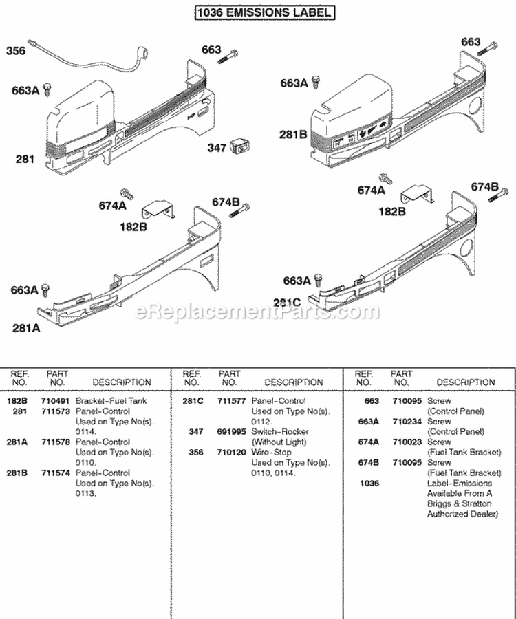 Control Panel Diagram and Parts List for 187432-0110-E1  Briggs and Stratton Engine